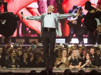 Hugh Jackman performing at The BRITs 2019