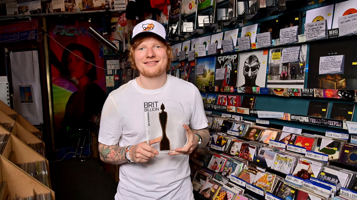 Ed Sheeran with his Gold BRIT Billion Award