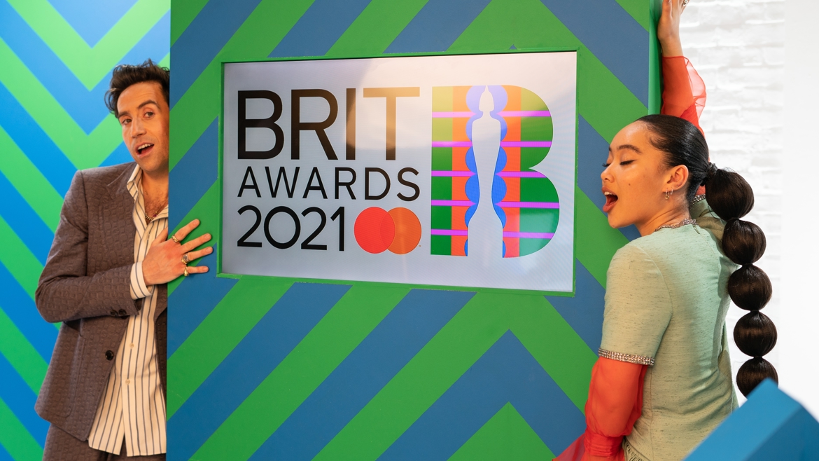 Nick Grimshaw and Griff pose in the BRITs 2021 Nominations studio