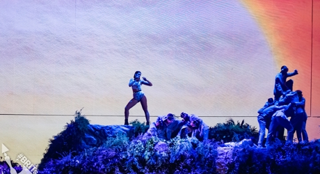 Dua Lipa performing at The BRIT<span class='lowercase'>s</span> 2019
