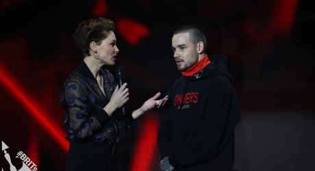 Liam Payne with Emma Willis on stage at The BRIT<span class='lowercase'>s</span> 2018 Nominations Show