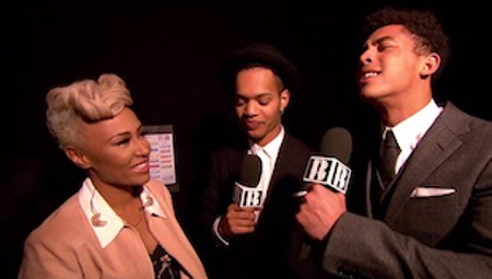 Rizzle Kicks talks to Emeli Sande backstage after show stopping performance