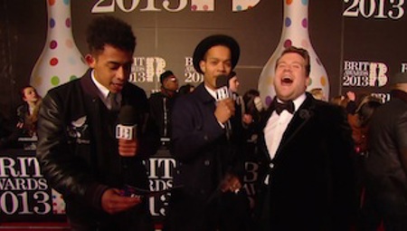 James Corden and Rizzle Kicks have a good time on the 2013 red carpet