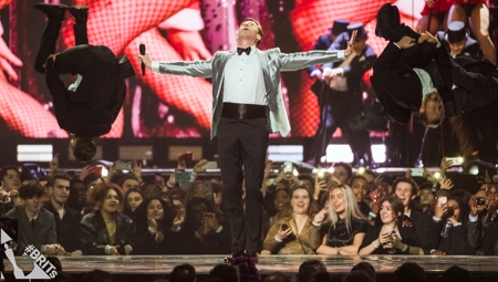 Hugh Jackman performing at The BRITs 2019